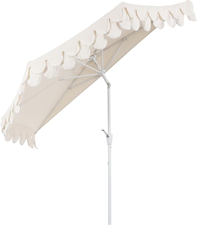 JONATHAN Y UMB1202C Terrace Arc 9 ft. Classic MidCentury Scalloped Fringe Market Patio Half Umbrella with Crank, Tilt Button and UV Protection in Cream/White, White Pole
