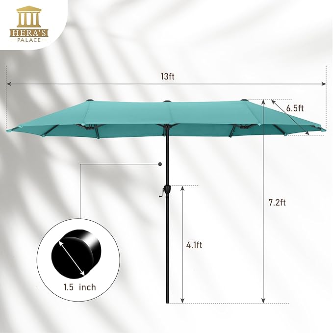 HERA'S PALACE 13 Ft Double-Sided Twin Patio Umbrella, Outdoor Double Sided Market Patio Umbrella with Crank, Powerful UV Protective (Turquoise)