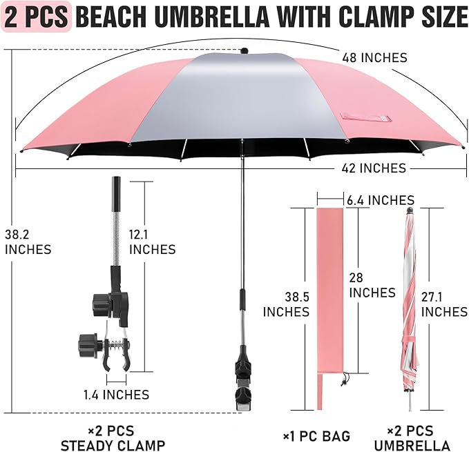 2 Pack Beach Umbrella with 360 Universal Clamp, UPF50+ Umbrella Outdoor Patio Sun Protection for Chairs, Beach &Patio Use (Not Include Chair)