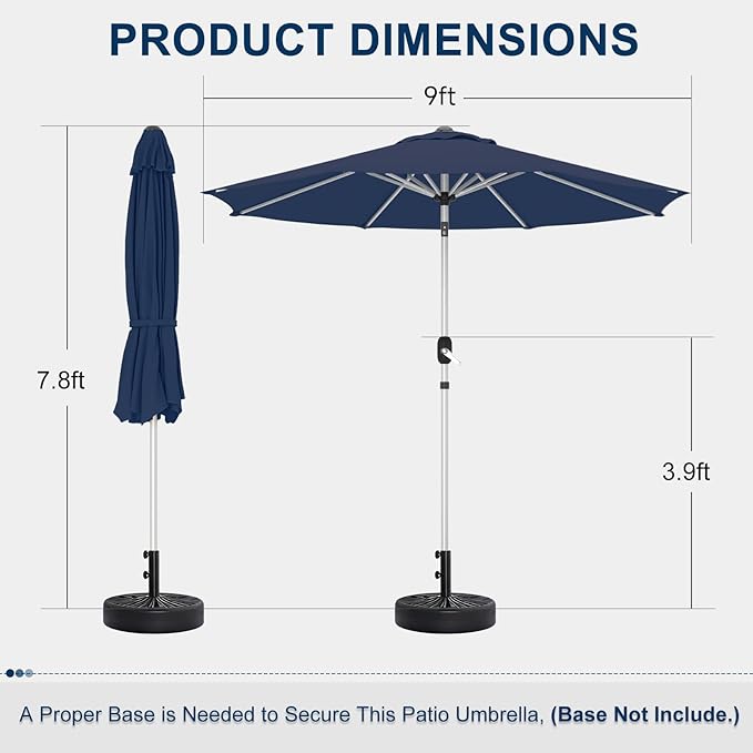 9FT Aluminum Outdoor Patio Umbrella, Fade-Resistant Market Umbrella with Push Button Tilt Function, 8 Sturdy All-Aluminum Ribs for Gardens, Patios, Backyards & Pools