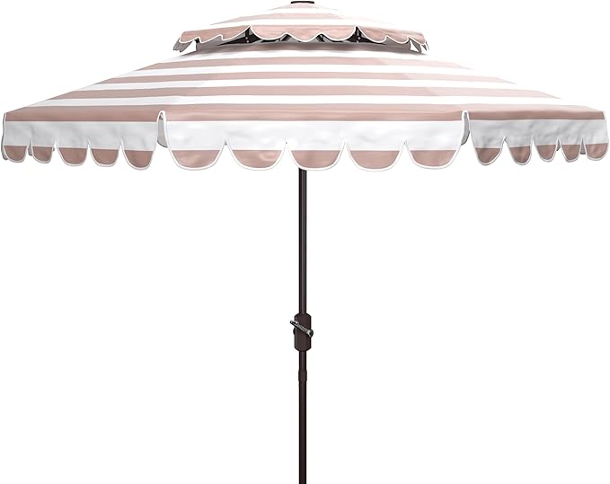 SAFAVIEH 9ft Outdoor Patio Umbrella, Double Top, Vienna Collection, Beige & White Stripe, Scallop Edge, Crank, Button Tilt, UV Resistant for Deck, Backyard, Poolside (PAT8211A)