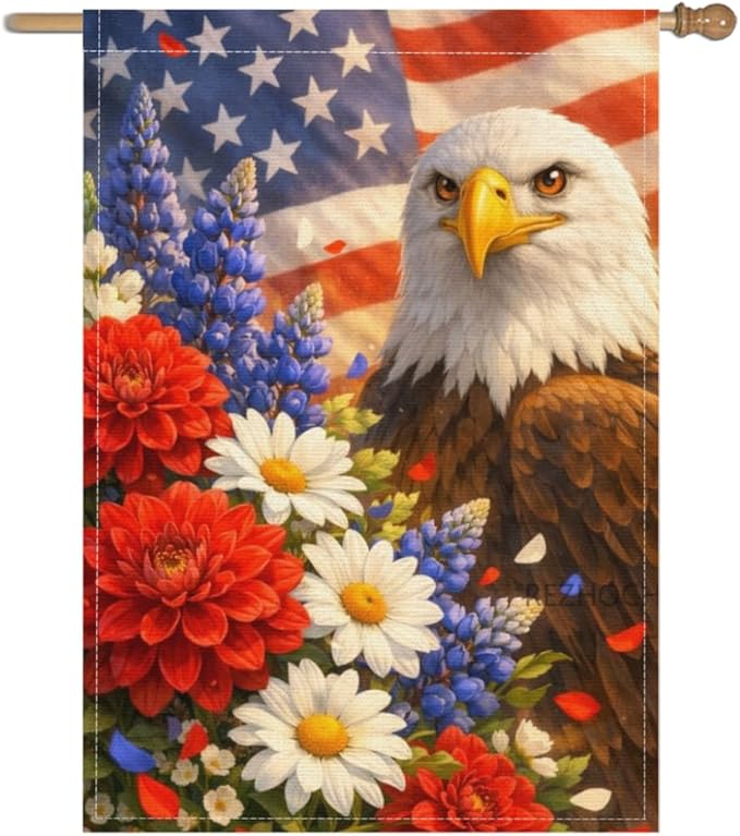 Patriotic Bald Eagle Garden Flag 28x40 Inch,USA Flag Floral Animal Outdoor Yard Red White Blue Decor,Double Sided Seasonal Lawn Porch Farm Independence Day Holiday Gift