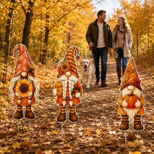 3 Pcs Fall Yard Decoration Autumn Gnome Yard Sign Stakes Outdoor Lawn Decor (Orange Yellow)