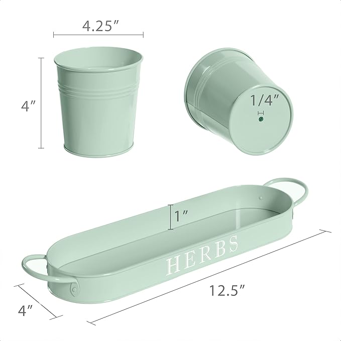 Barnyard Designs Indoor Herb Garden Planter Set with Tray, Metal Windowsill Plant Pots with Drainage for Outdoor or Indoor Plants, Set/3 (Soft Mint)