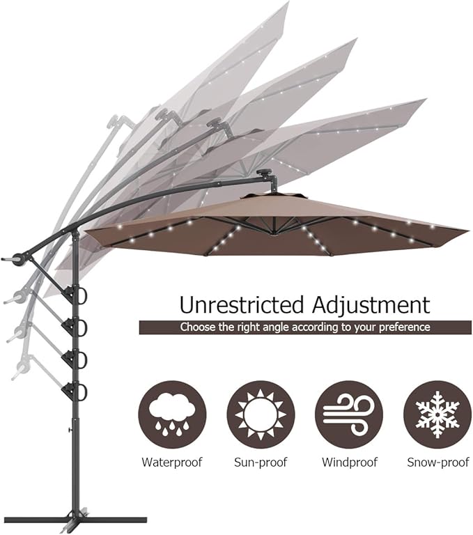 Tangkula 10 FT Solar Patio Umbrella, Offset Cantilever Outdoor Umbrella with 360 Degree Rotation, Aluminum Pole, Easy Tilt Adjustment, Crank Handle & Cross Base for Pool Deck Garden Backyard