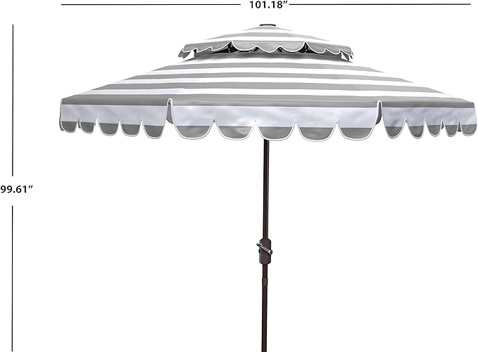 SAFAVIEH 9ft Outdoor Patio Umbrella, Double Top, Vienna Collection, Grey & White Stripe, Scallop edge, Crank, Button Tilt, UV Resistant for Deck, Backyard, Poolside (PAT8211B)