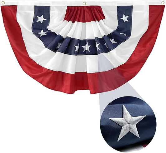 1.5x3 Ft American Bunting Flag for Memorial Day Décor USA Patriotic Pleated Half Fan Bunting with Embroidered Star Outside Porch Veterans Day Decoration 4th of July Red White & Blue Independence Day Bunting