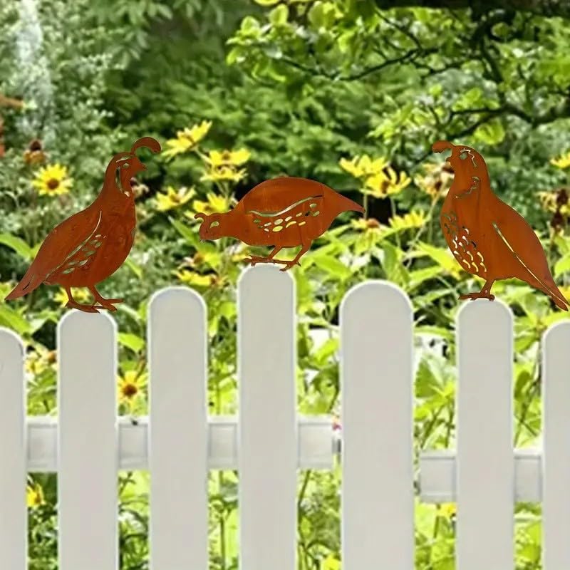 3 Pack Rusty Quail Family Decorative Garden Stakes (Brown)