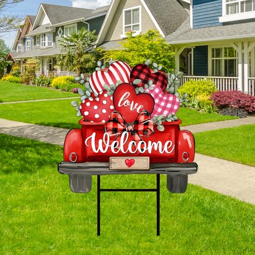 Valentine' s Day Metal Garden Stake Welcome Yard Sign Red Love Heart Truck Decorative Lawn Sign for Wedding Anniversary Home Outside Lawn Porch Walkway Decor (Valentine' s Day Truck)