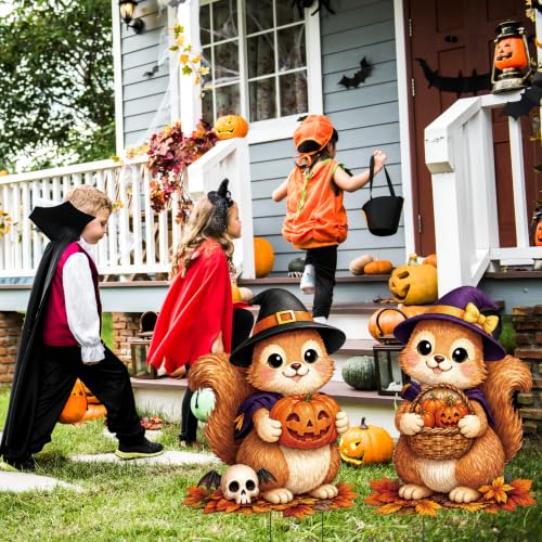 2 Pack Halloween Cute Witch Squirrel Garden Stakes Pumpkin Metal Yard Sign for Fall Autumn Outdoor Halloween Party Decorations (Halloween)