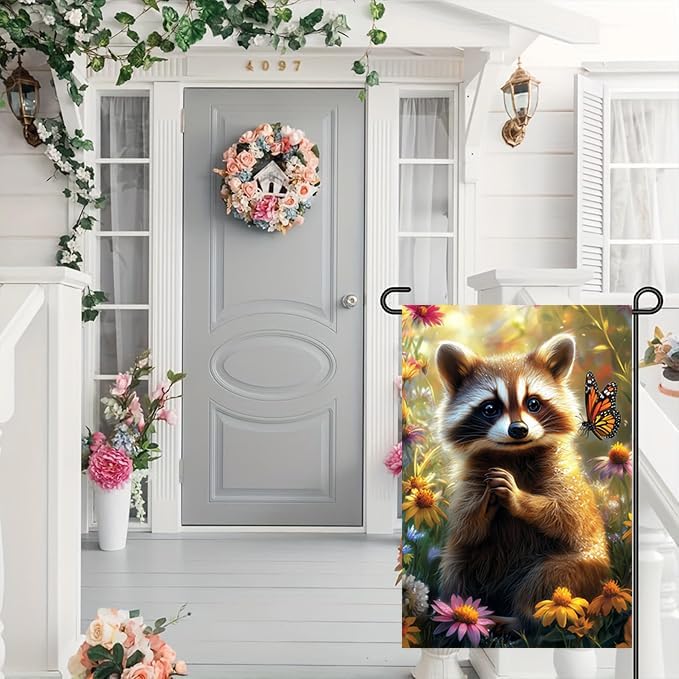 Spring Summer Raccoon Garden Flag 12x18 Double Sided, Small Burlap Seasonal Floral Butterfly Garden Flags Spring Summer Outdoor Yard Decorations for Outside Lawn Décor