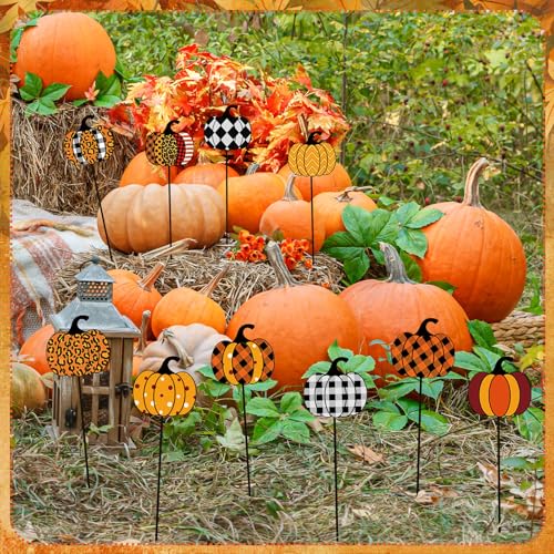 10 Pcs Fall Pumpkin Metal Garden Stakes Autumn Colorful Pumpkin Yard Signs Thanksgiving Decorative Garden Stakes Harvest Metal Yard Signs for Indoor Outside Porch Lawn Decor (Pumpkin)