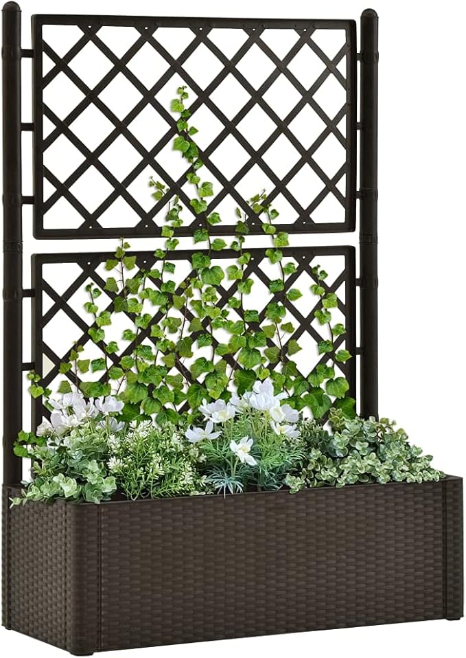 Garden Raised Bed with Trellis and Self Watering System Mocha,Flower Bed Outdoor Planters Trellis Planter,Rustic Planter Box with Trellis Raised Garden Bed Outdoor for Plants