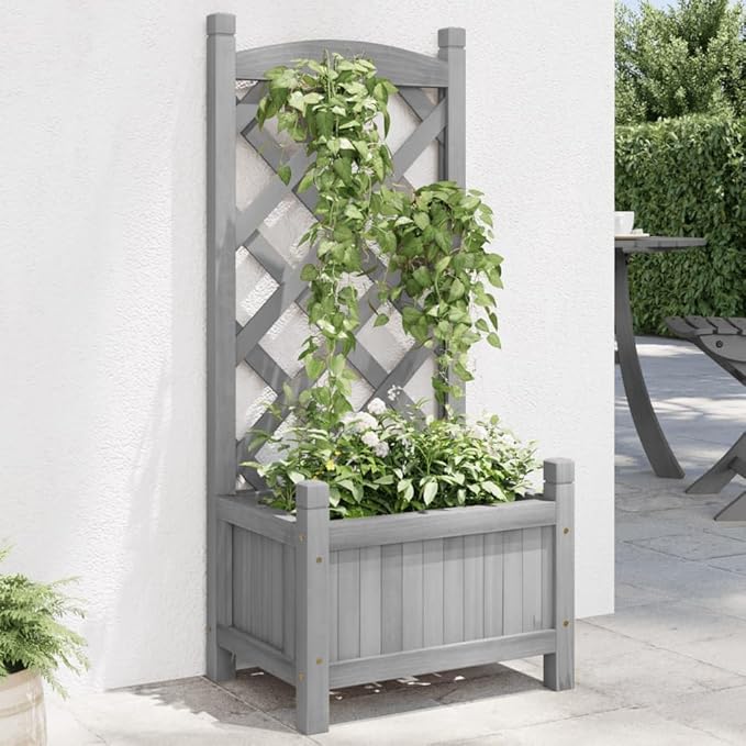 Gray Solid Fir Wood Raised Planter Box with Trellis for Outdoor and Indoor Gardening Rectangular Decorative Planter for Plants and Vegetables