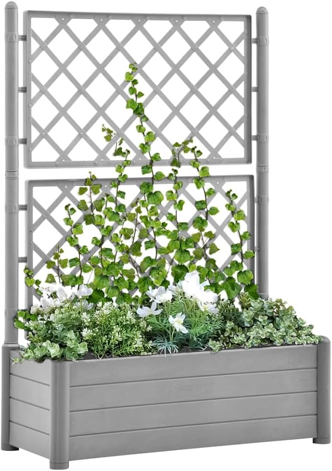 vidaXL Garden Raised Bed with Trellis, Raised Bed for Flowers and Plants, Planter with Drainage Hole, Outdoor and Indoor Use, Grey, 39.4"x16.9"x55.9" Plastic