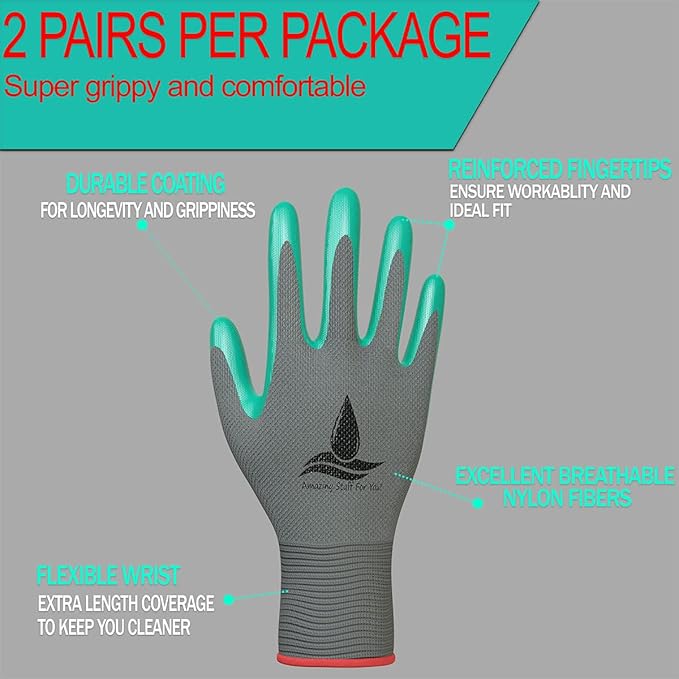 Garden Gloves Women and Men 2 pairs, Super Grippy Texture for Gardening and Work Activities - S,M,L Sizes (Large)