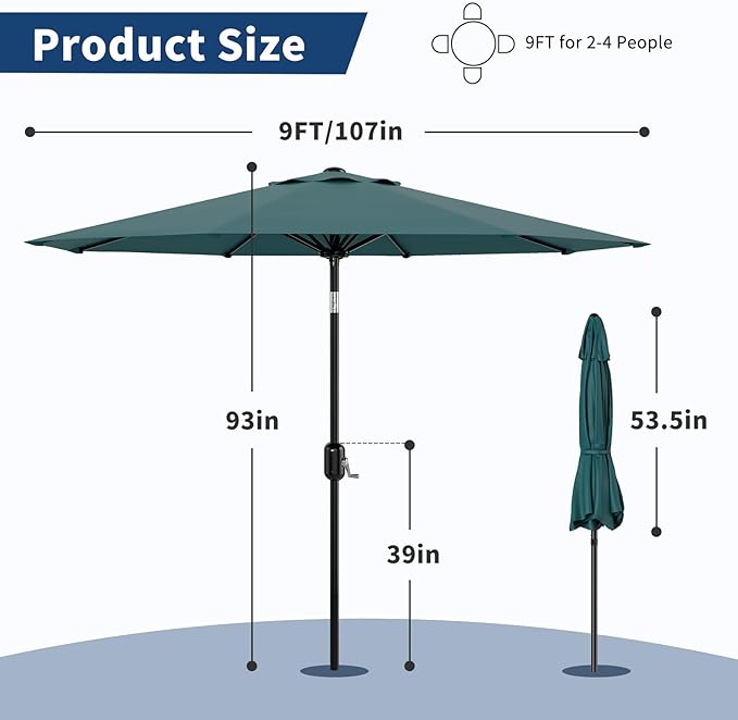 GarveeLife 9FT Patio Umbrella Outdoor, Table Umbrella with Push Button Tilt and Crank, 8 Sturdy Ribs UV Protection Waterproof for Garden, Pool, Market, Deck (Turquoise Blue)