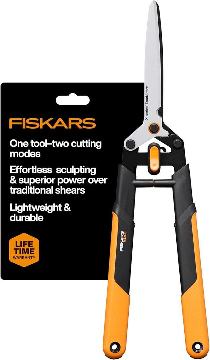 Fiskars DualAction Hedge Shears, 2-in-1 Fast Trimming & PowerCut Hedge Trimmer, Precision-Ground Steel Blades for Clean Cuts, Shock-Absorbing Bumpers & SoftGrip Handles for Comfort