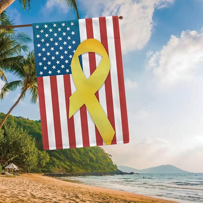 Remember Our Troops Patriotic House Flag USA Flag with Yellow Ribbon Military Bdecor Banner for Outside 28x40 Inch Print Double Sided