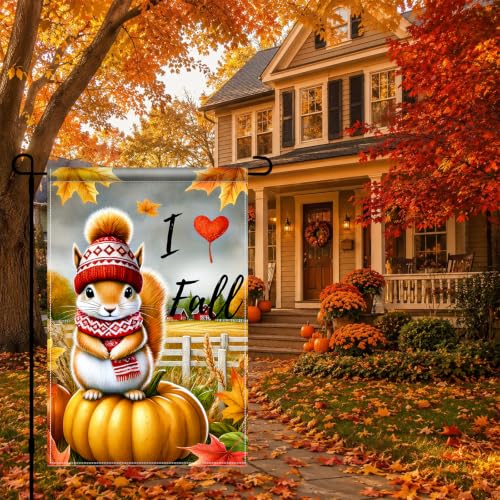 I Love Fall Garden Flag Squirrel Pumpkin Decor 12x18 Inch (Squirrel)
