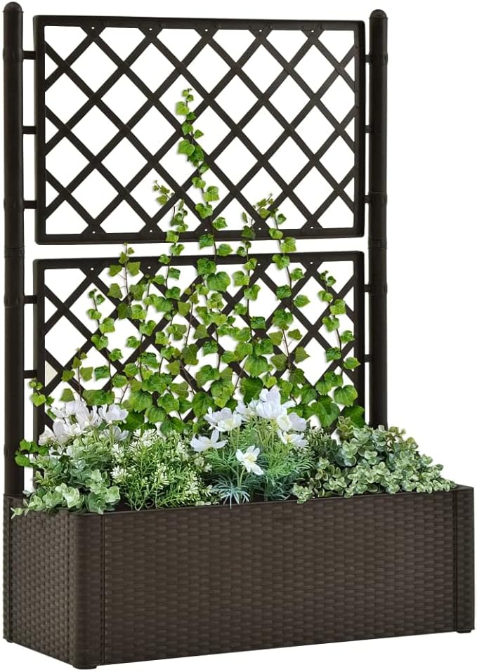 Garden Raised Bed with Trellis and Self Watering System Mocha Outdoor Flower Pots Pots for Plants Planter Pots for Raised Garden Beds for Porch Plants Gardening Outdoor