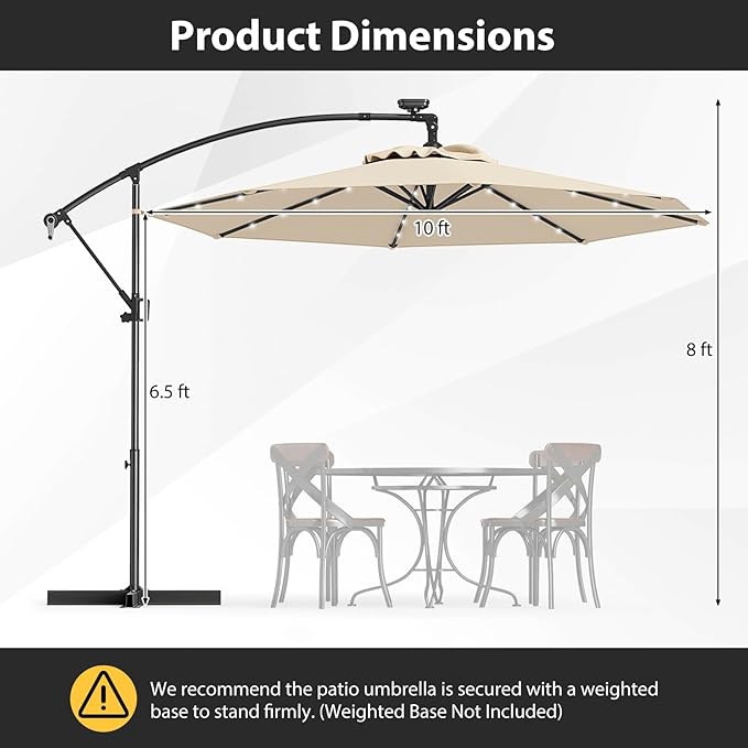 Tangkula 10 FT Solar Patio Umbrella, Offset Cantilever Outdoor Umbrella with 360 Degree Rotation, Aluminum Pole, Easy Tilt Adjustment, Crank Handle & Cross Base for Pool Deck Garden Backyard