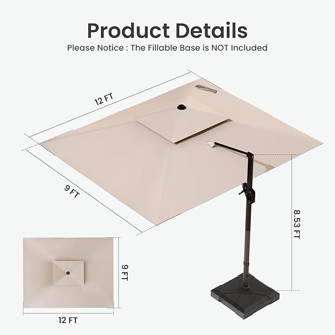 9x12 FT Cantilever Patio Umbrella with Base Included Double Top Outdoor Rectangular Large Heavy Duty Aluminum Offset Umbrellas with 7 Level Tilt 360-degree Rotation for Pool Garden Deck, Beige