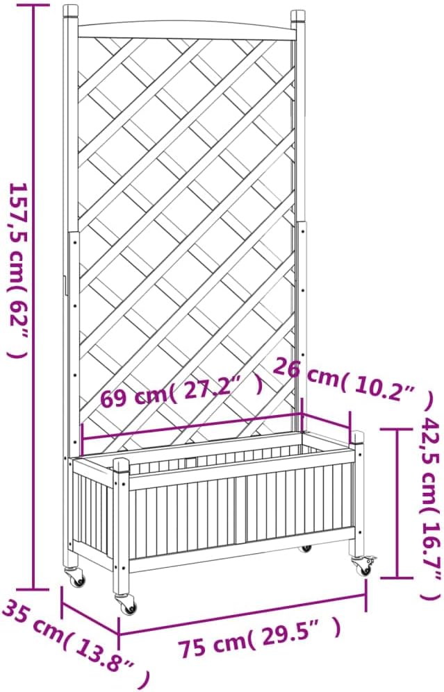 Large Rectangular Wooden Planter with Built-in Trellis Brown Outdoor Garden Bed for Climbing Plants and Vegetables Featuring Castor Wheels and Natural Finish