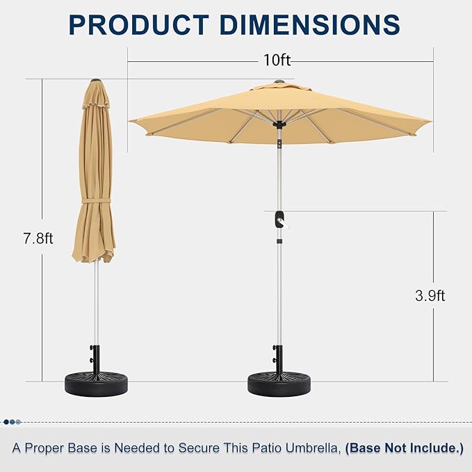 10FT Aluminum Outdoor Patio Umbrella, Fade-Resistant Market Umbrella with Push Button Tilt Function, 8 Sturdy All-Aluminum Ribs for Gardens, Patios, Backyards & Pools