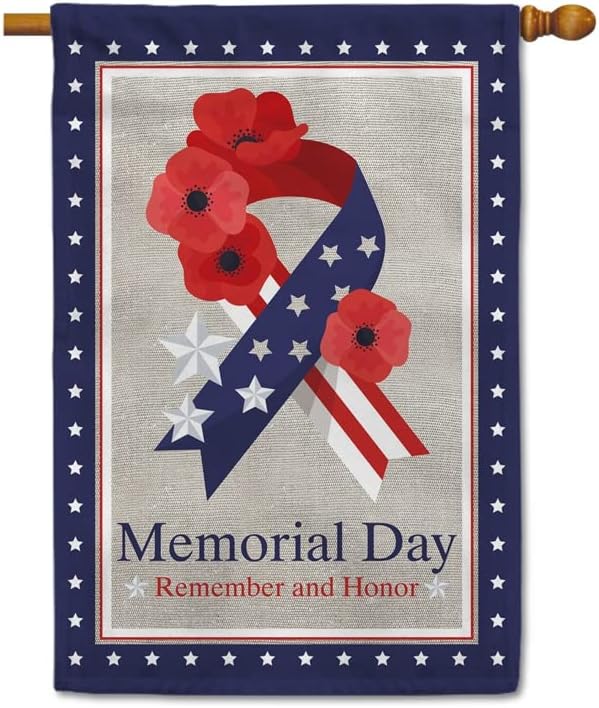 Memorial Day House Flag Ribbon Poppy Stars and Stripes American Patriotic 28 x 40 Inch Vertical Double Sized 4th of July Independence Day Yard Outdoor Decoration