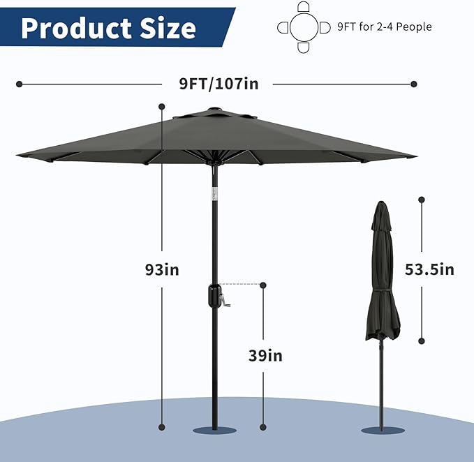 9 ft Patio Umbrella - 8 Sturdy Ribs Outdoor Table Umbrella with Crank Lift & Push Button Tilt - Market Umbrella for Pool, Deck, Yard, Garden - Gray