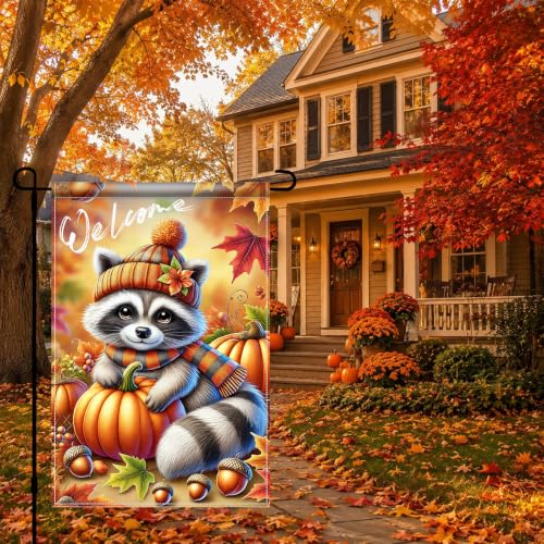 Fall Garden Flag 12x18 Inch Cute Raccoon Pumpkin Welcome Decor (Cute Raccoon)