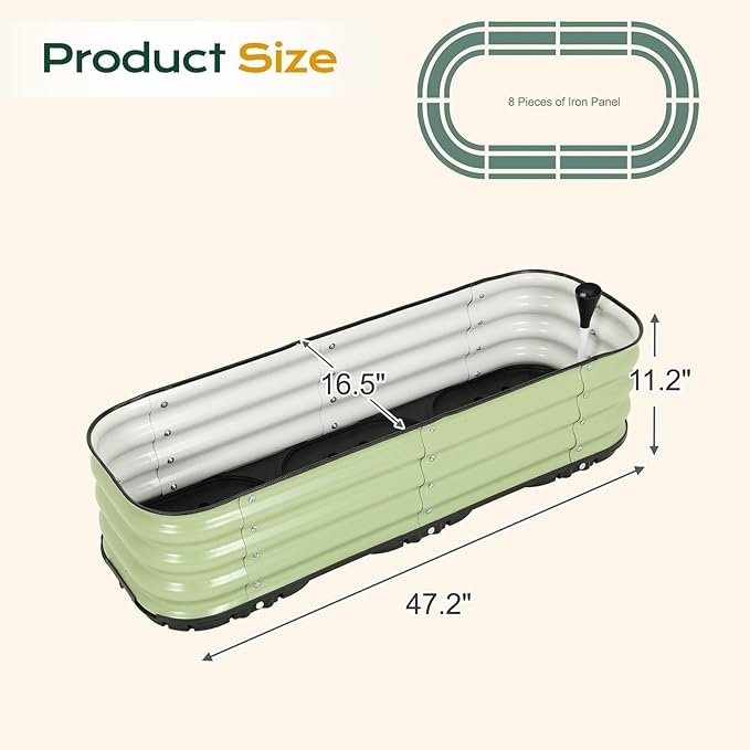 Aoodor Galvanized Raised Garden Bed 47.2'' Self-Watering Planter Box with Drainage Plug and Water Reservoir for Indoor & Outdoor Gardening, Self-Watering Pot for Balcony, Patio, Backyard, Green