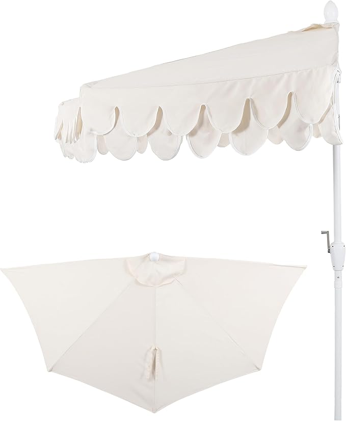 JONATHAN Y UMB1202C Terrace Arc 9 ft. Classic MidCentury Scalloped Fringe Market Patio Half Umbrella with Crank, Tilt Button and UV Protection in Cream/White, White Pole