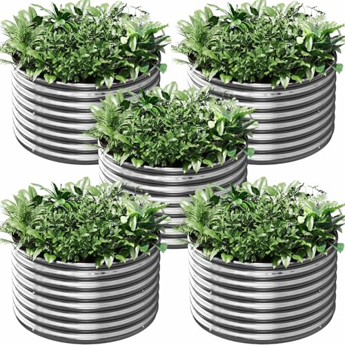 5 Pack 3x3FT Round Corrugated Galvanized Steel Raised Garden Bed Outdoor (Silver / 3x3FTx10inch)
