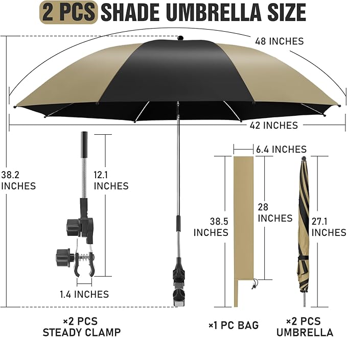 2 Pack Beach Umbrella with 360 Universal Clamp, UPF50+ Umbrella Outdoor Patio Sun Protection for Chairs, Beach &Patio Use (Not Include Chair)
