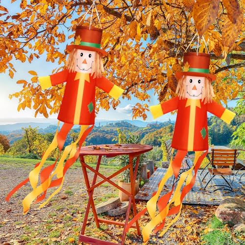 2 Pcs Fall Scarecrows Windsocks Outside Decoration 40'' Vintage Windsocks (Autumn)