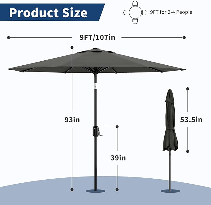 GarveeLife 9FT Patio Umbrella Outdoor, Table Umbrella with Push Button Tilt and Crank, 8 Sturdy Ribs UV Protection Waterproof for Garden, Pool, Market, Deck (Gray)