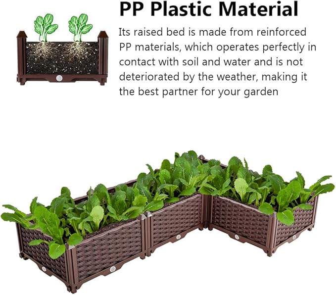 BAOYOUNI L-Shaped Planter Box Corner Raised Garden Bed Kit Vegetables Herbs Flowers Succulents Plastic Gardening Grow Container for Indoor Balcony Outdoor Patio, Brown