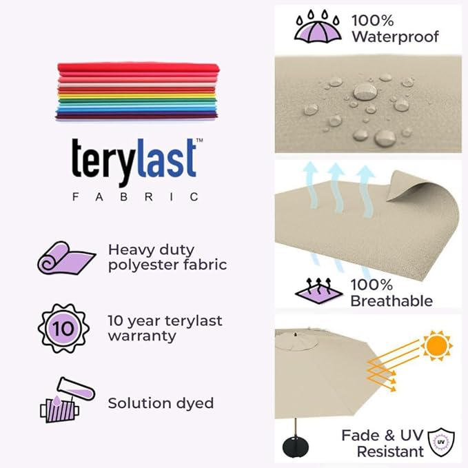 The Swilt 9 Feet Outdoor Umbrella With Terylast Chestnut (Beige) Polyester Fabric - Fiberglass Ribs, Auto-Tilt And Swivel Aluminum Frame Patio Umbrella For Deck, Garden, Pool - Black Pole