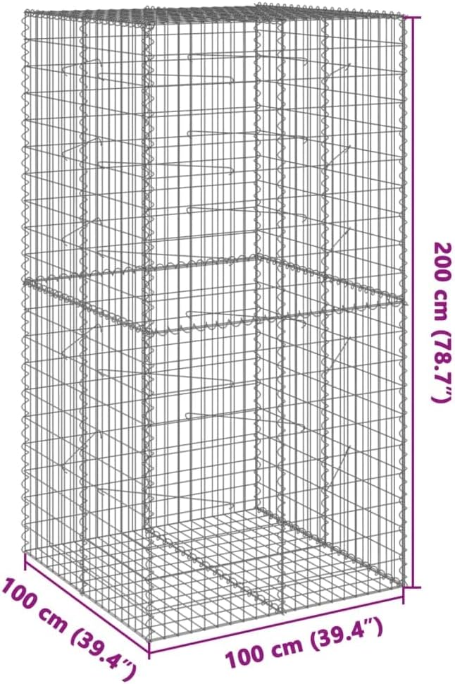 Galvanized Iron Gabion Basket with Cover 39.4"x39.4"x78.7" Outdoor Metal Mesh Planter Box for Raised Garden Beds, Decorative Walls & Landscaping