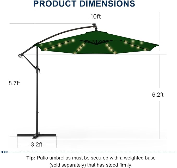 EROMMY 10FT 40 LED Solar Lighted Patio Umbrella, Outdoor Offset Cantilever Umbrella, Infinite Tilt, Crank and Cross Base, UV Protection for Backyard, Lawn, Garden & Pool