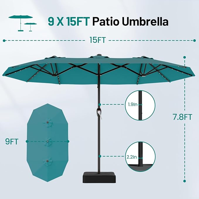 AreShark 15FT Patio Umbrella with Solar Lights, Double Sided Outdoor Table Umbrellas with Crank, Large Rectangular Market Umbrella for Porch, Lawn, Pool, Backyard, Lake Blue