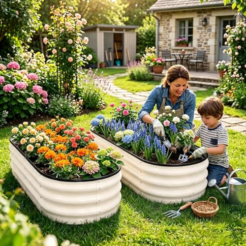 Galvanized Raised Garden Bed Outdoor 4x2x1 ft 2 Pack Oval White (White 2 Pcs / 4 x 2 x 1 ft)