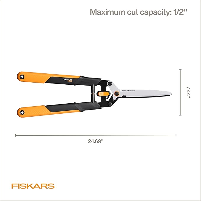 Fiskars DualAction Hedge Shears, 2-in-1 Fast Trimming & PowerCut Hedge Trimmer, Precision-Ground Steel Blades for Clean Cuts, Shock-Absorbing Bumpers & SoftGrip Handles for Comfort