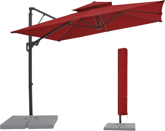 JEAREY 9ft Cantilever Patio Umbrella Outdoor Square Large Offset Umbrella Double Top Roating Heavy Duty Sun Umbrella for Patio Lawn Garden Backyard and Pool,Red
