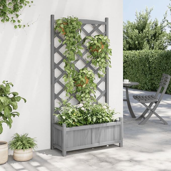 Solid Fir Wood Planter with Trellis Grey Rectangular Raised Garden Bed for Climbing Plants Outdoor Patio Large Elevated Planter Box