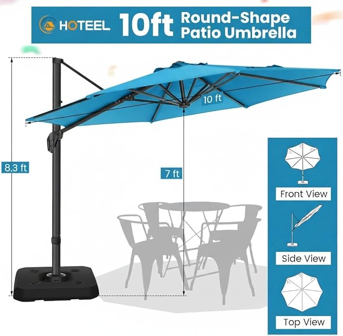 Hoteel 10ft Patio Umbrella Heavy Duty Aluminum Windproof & Shade Provision Outdoor Cantilever Round Offset Large Umbrella Height Adjustable with 360°Rotation for Patio Pool Deck Gazebo, Light Blue