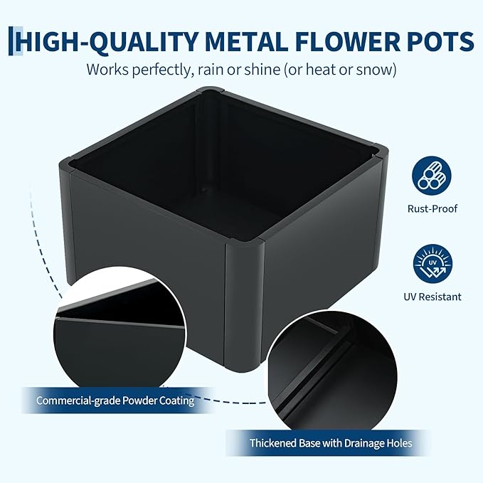 Garvee 20" Square Metal Planter Box with Drainage Holes & Rounded Corners, Modern Heavy Duty Steel Raised Garden Bed, Complete Snap-On Kit for Patio, Balcony, Garden Decor
