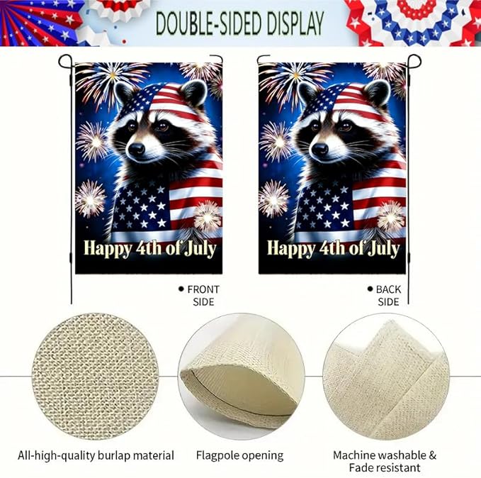 Happy 4th of July Raccoon Garden Flag 12x18 Double Sided, Small Burlap Holiday Independence Day Memorial Day Patriotic Yard Flags for Outside Fourth of July Decoration Outdoor Garden Décor
